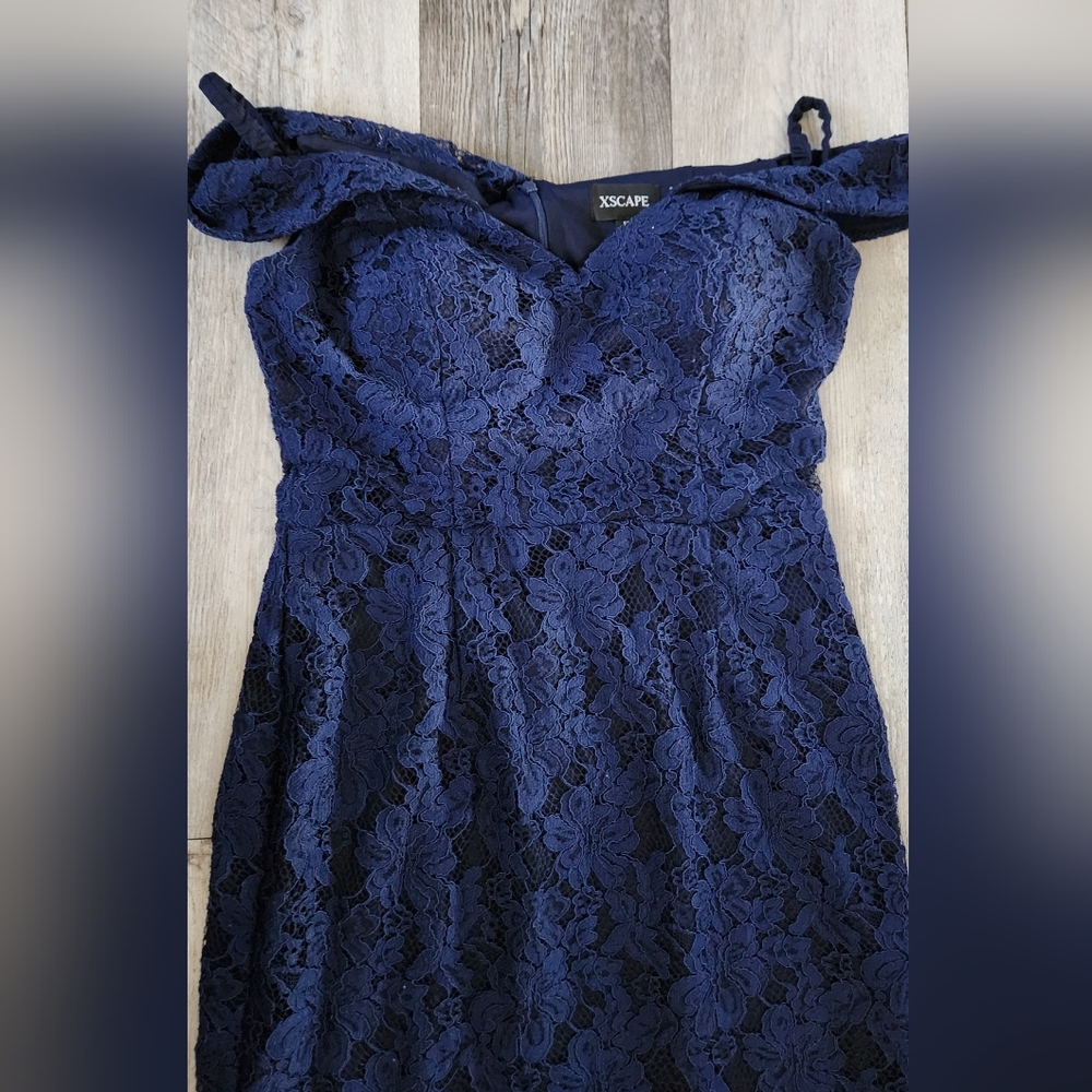 Xscape Off-the-Shoulder High Low Floral Flouce Lace Dress- Navy Blue - Picture 5 of 12